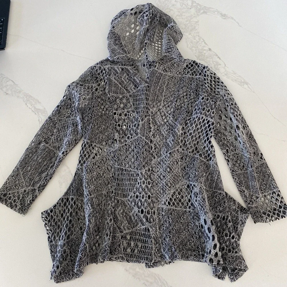 Venice Blue Crochet Lace Hooded Cardigan Gray‎ Free Size S/M Boho - Picture 7 of 8